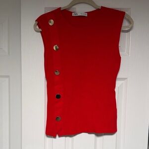 Zara Vibrant Red Top with Metallic Accents